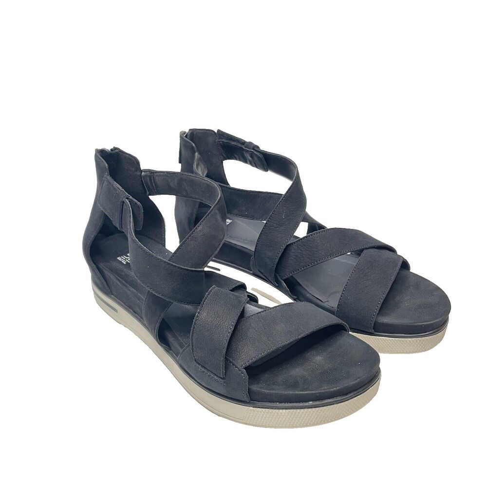 EILEEN FISHER Black White Suede Strappy Sport Wedge Sandals  Womens Size 11